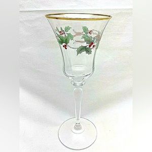 Vintage Mikasa Ribbon Holly Holiday Crystal 9" Fluted Wine/Water Goblet.